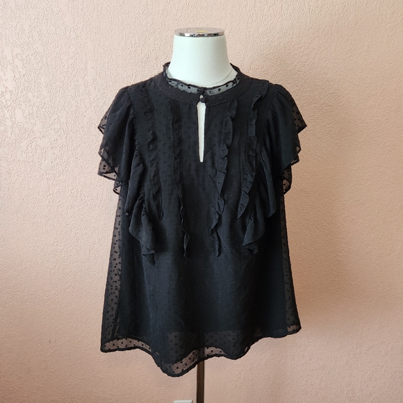torrid Tops - Torrid Black Sheer Polka Dot Ruffle Short Sleeve Blouse Top